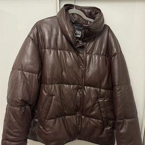 Brown Faux Leather Puffer Jacket for Women